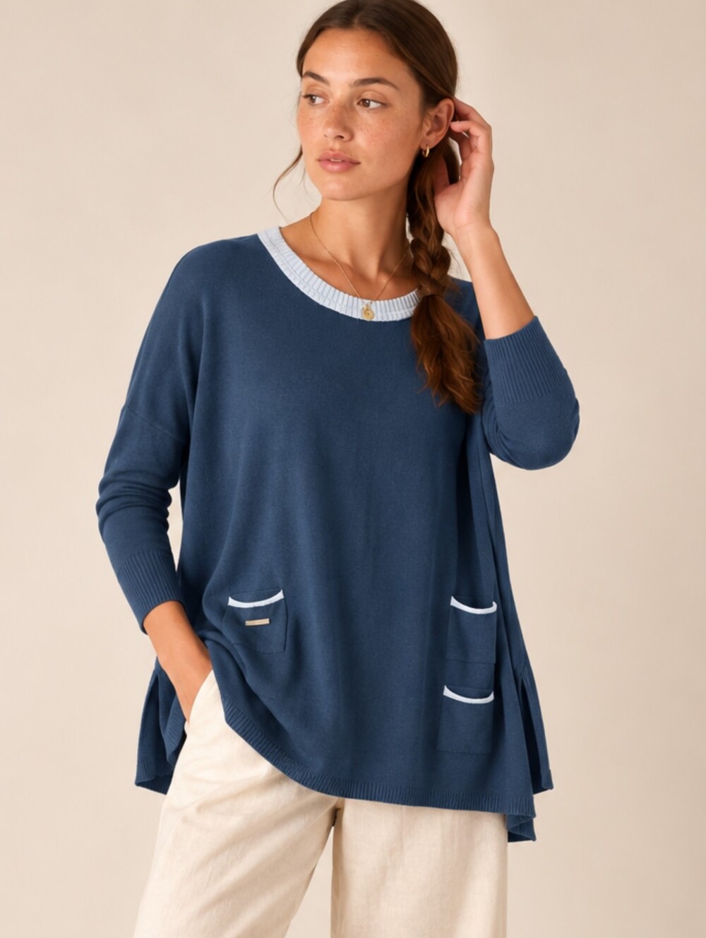 Mer Sea Navy Blue Oversized Knit Tunic Top S/M Coastal Pockets